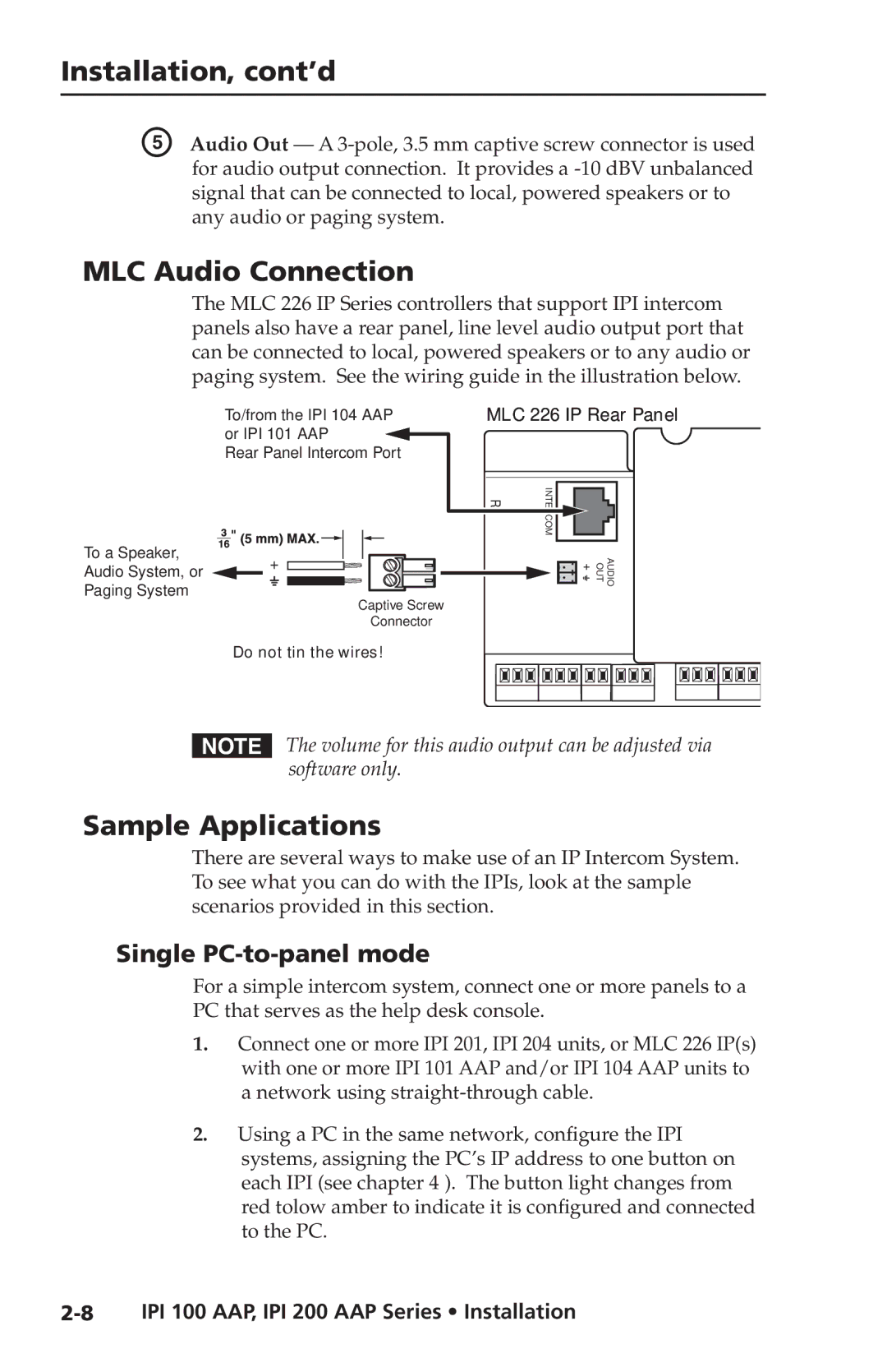 Extron electronic IPI 200 Series Installation, cont’d, MLC Audio Connection, Sample Applications, Single PC-to-panel mode 