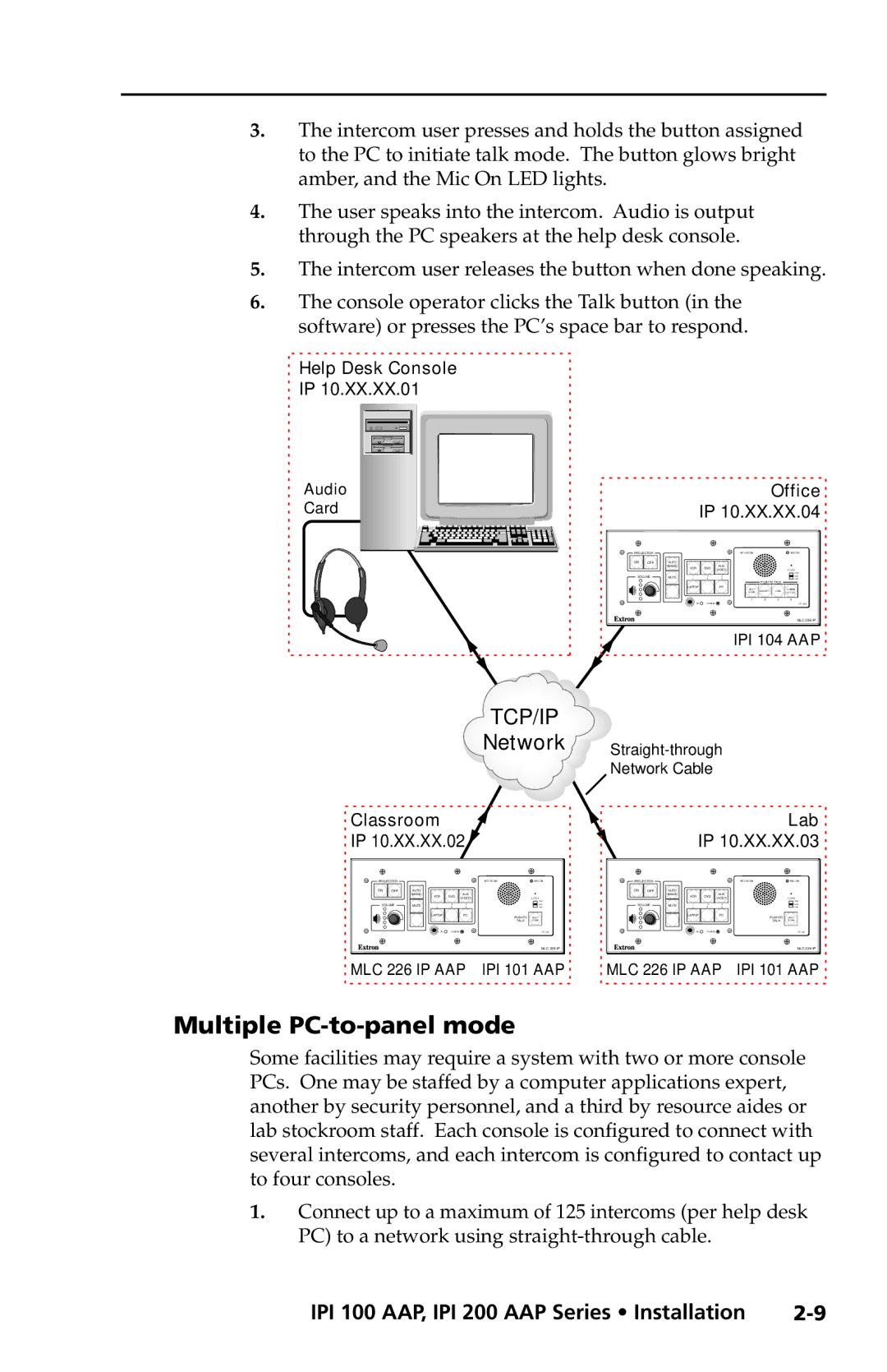 Extron electronic IPI 100 Series manual Multiple PC-to-panel mode, Intercom user releases the button when done speaking 