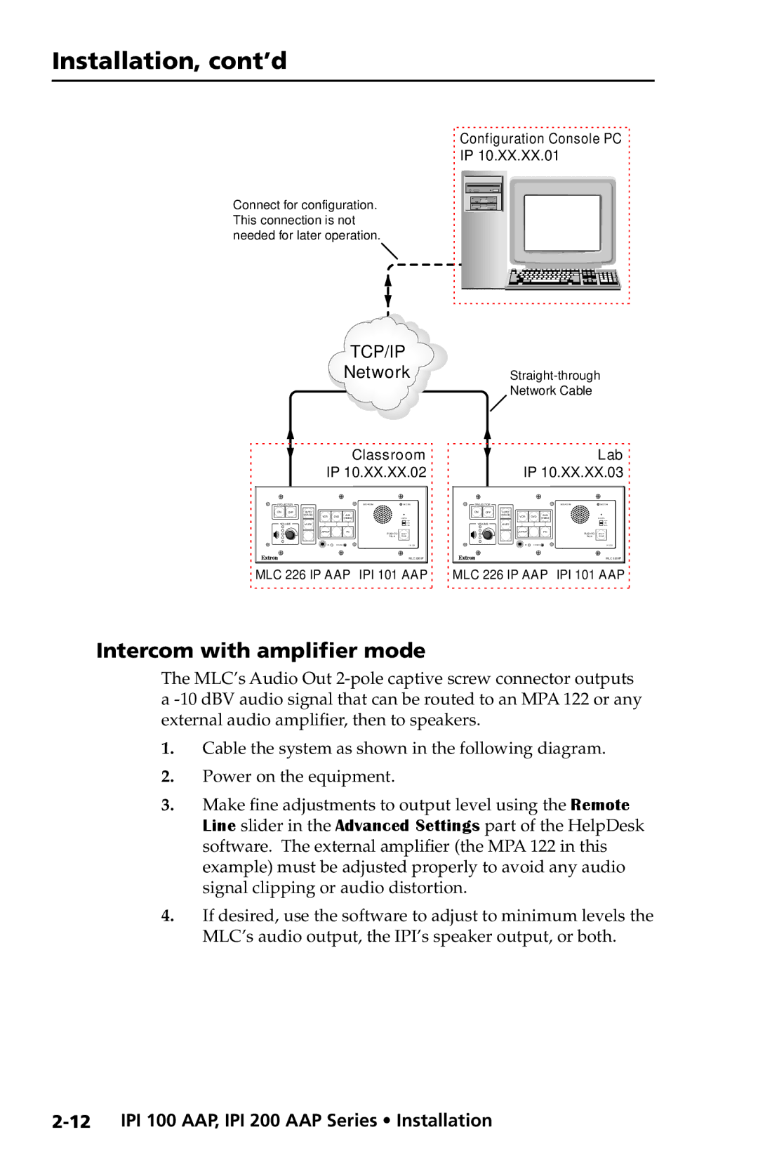 Extron electronic IPI 200 Series, IPI 100 Series manual Intercom with amplifier mode, Tcp/Ip 