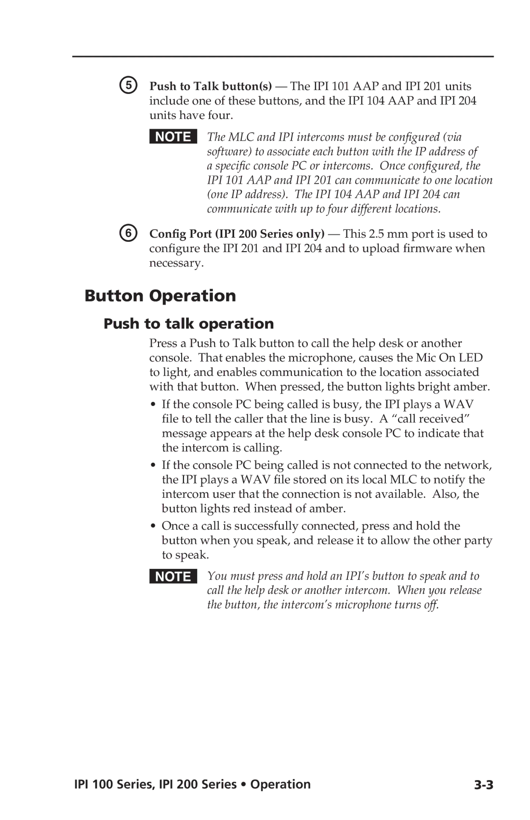 Extron electronic manual Button Operation, Push to talk operation, IPI 100 Series, IPI 200 Series Operation 