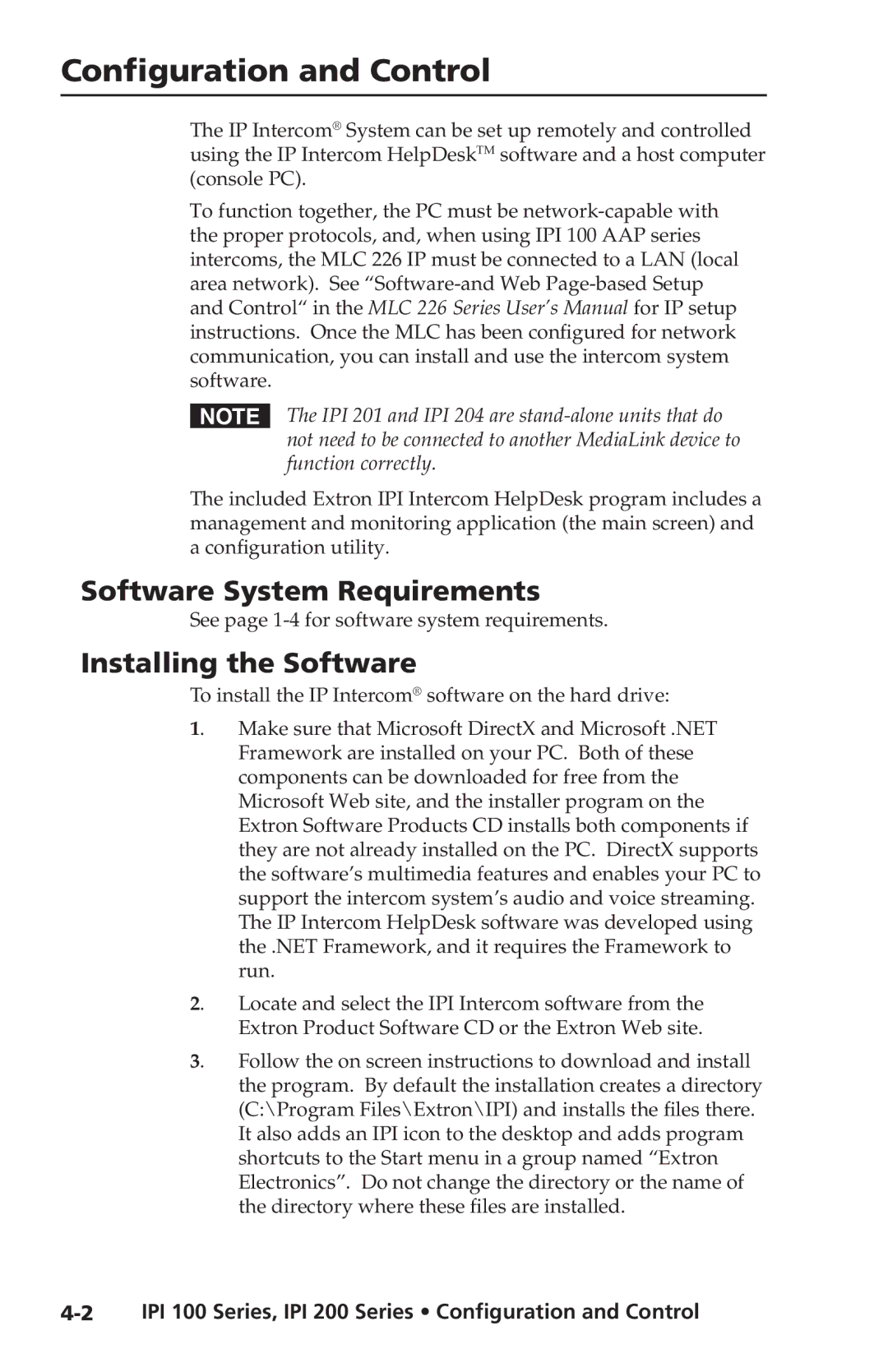 Extron electronic IPI 200 Series, IPI 100 Series manual Software System Requirements, Installing the Software 