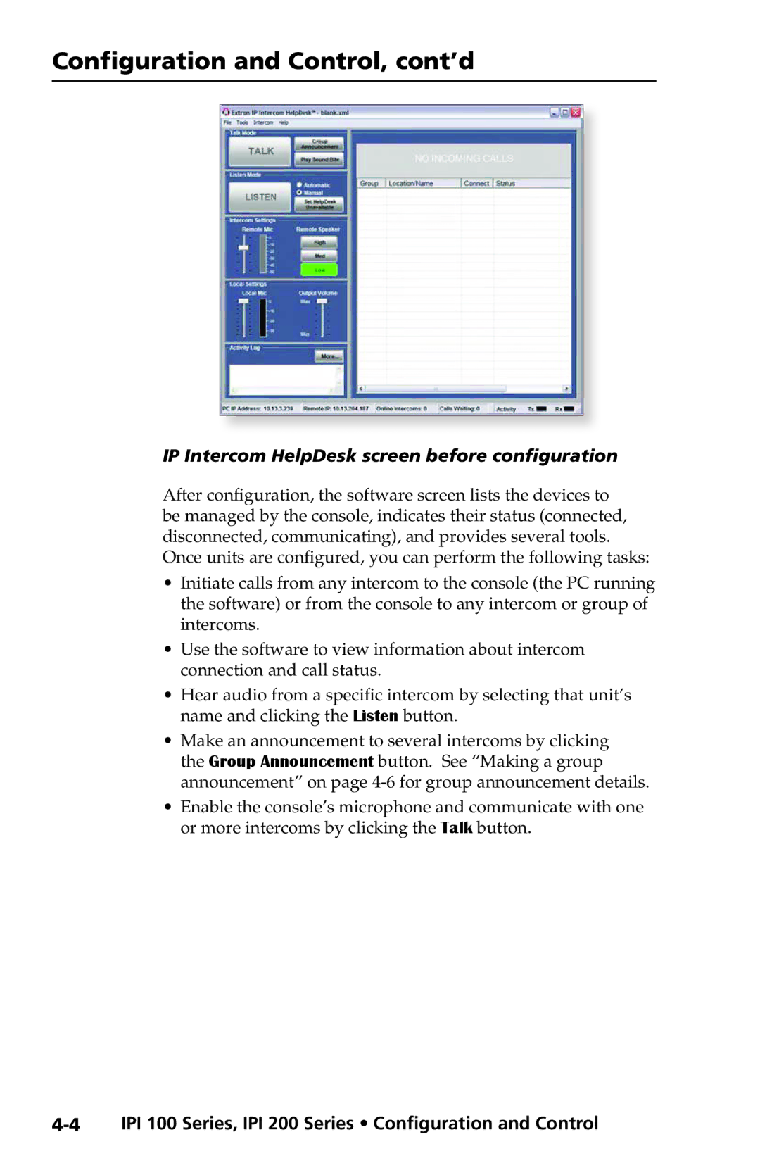 Extron electronic IPI 200 Series manual Configuration and Control, cont’d, IP Intercom HelpDesk screen before configuration 