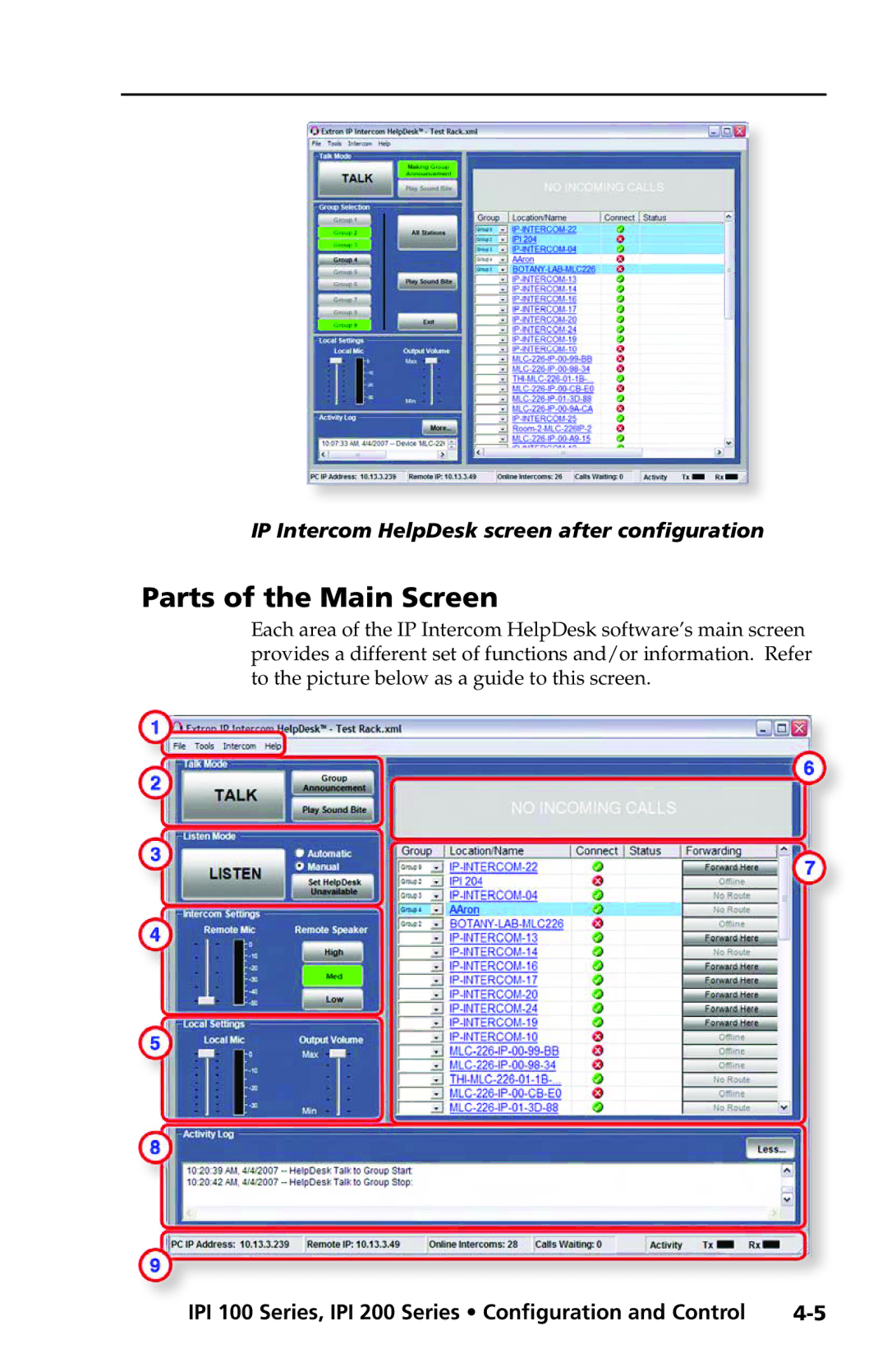 Extron electronic IPI 100 Series, IPI 200 Series manual Parts of the Main Screen 