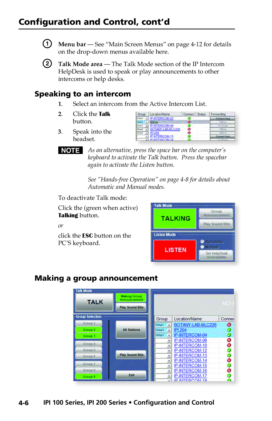 Extron electronic IPI 200 Series, IPI 100 Series manual Speaking to an intercom, Making a group announcement 