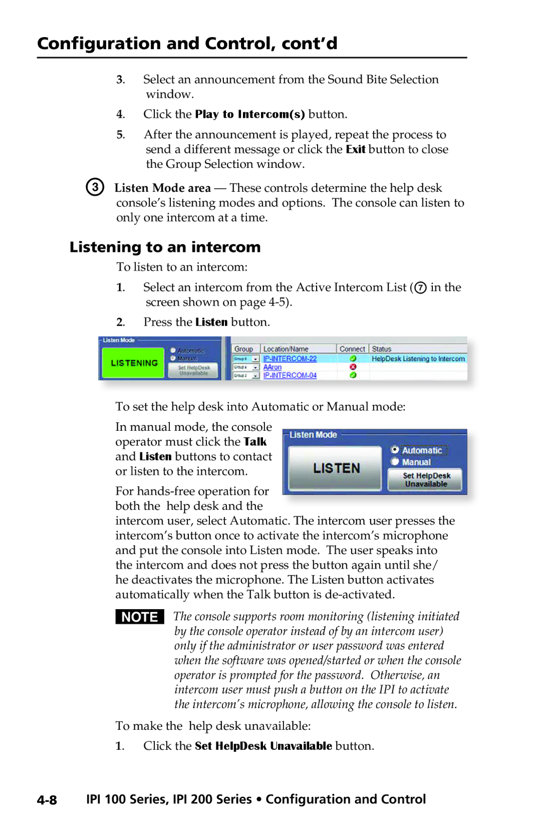 Extron electronic IPI 200 Series, IPI 100 Series manual Listening to an intercom, Click the Play to Intercoms button 