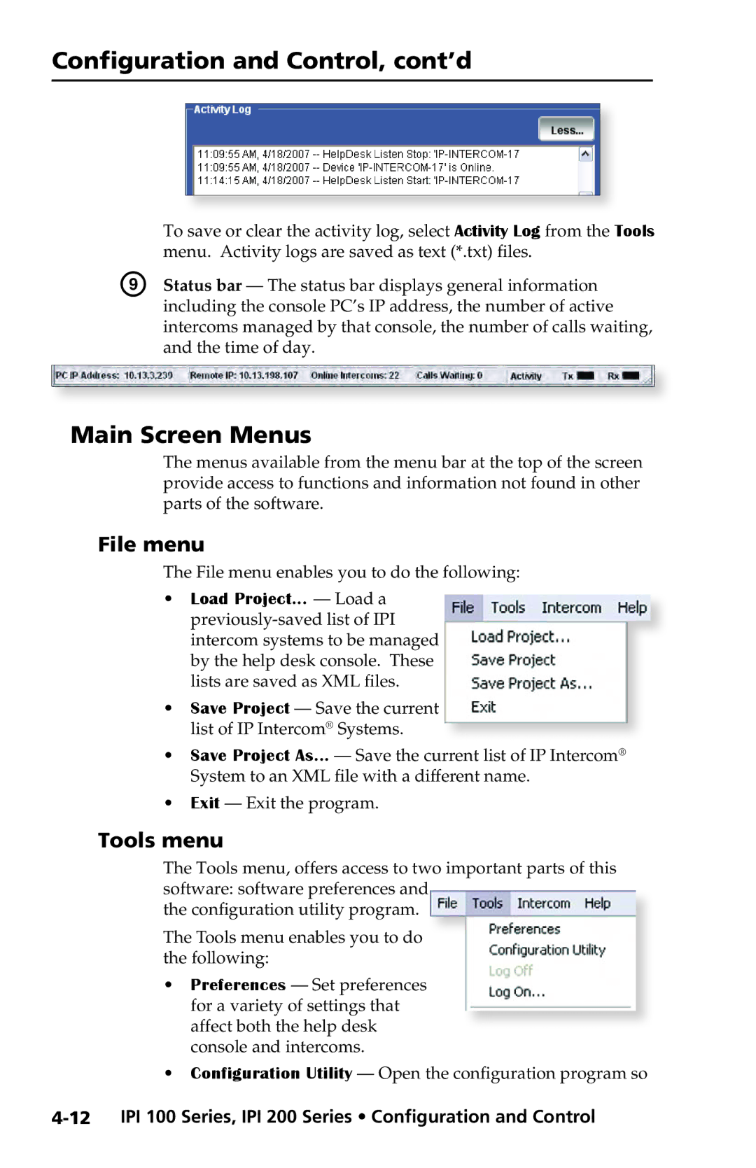 Extron electronic IPI 200 Series, IPI 100 Series manual Main Screen Menus, File menu, Tools menu 