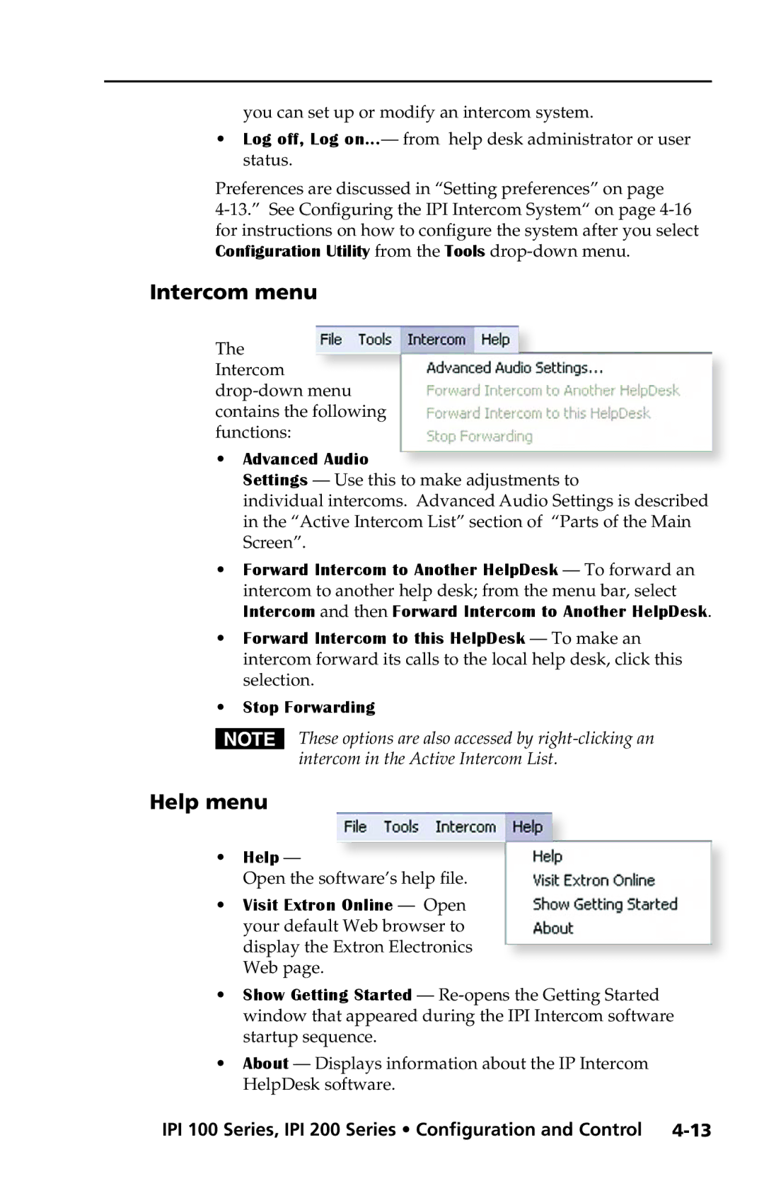 Extron electronic IPI 100 Series, IPI 200 Series manual Intercom menu, Help menu 
