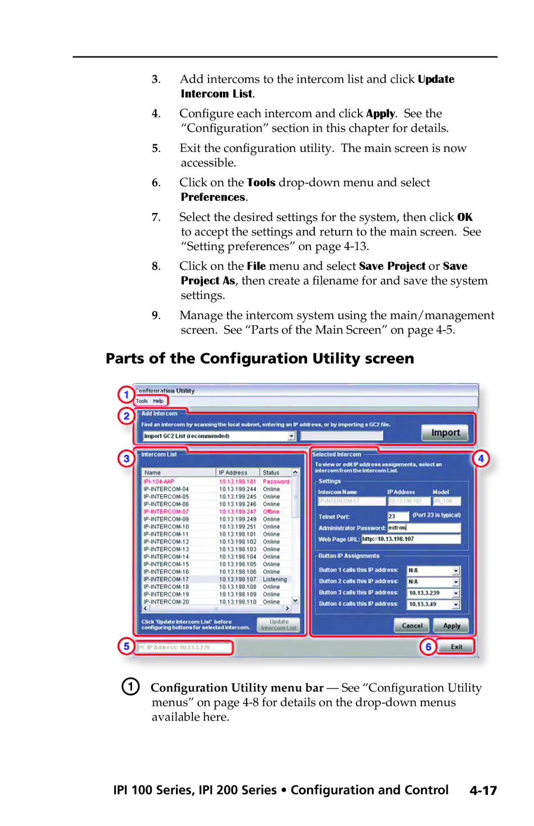 Extron electronic IPI 100 Series, IPI 200 Series manual Parts of the Configuration Utility screen 