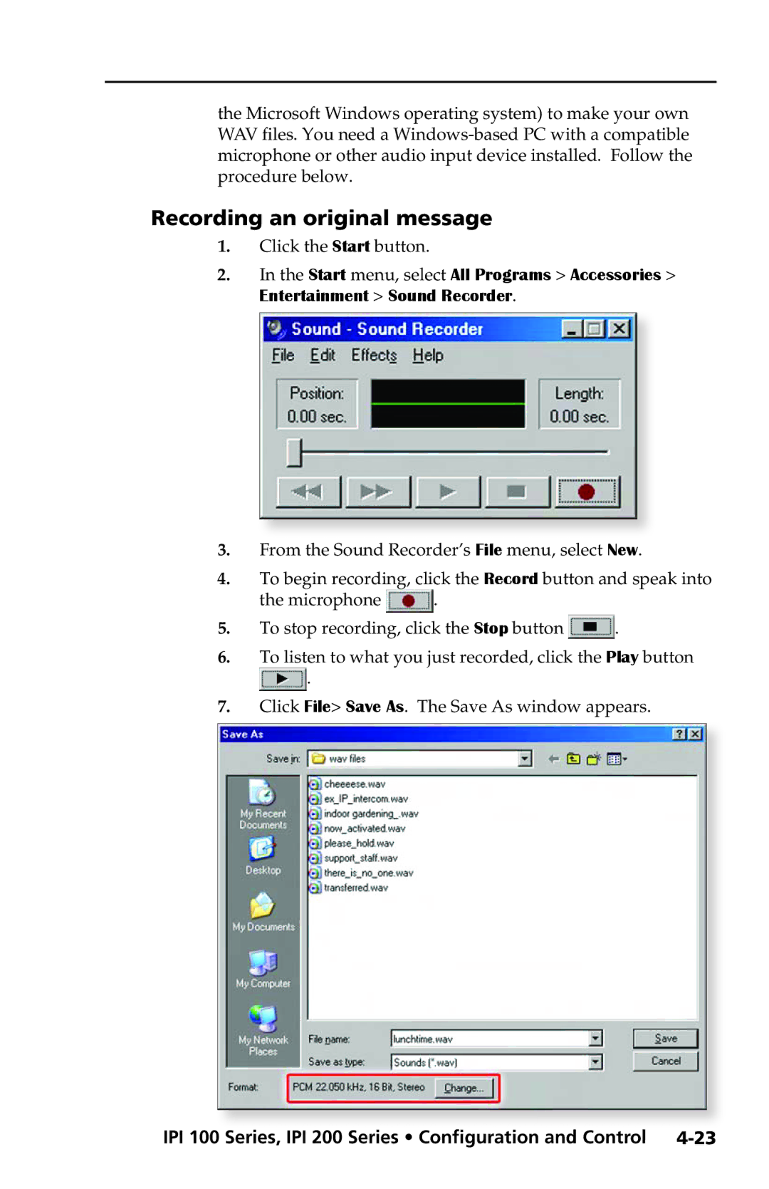 Extron electronic IPI 100 Series, IPI 200 Series manual Recording an original message 