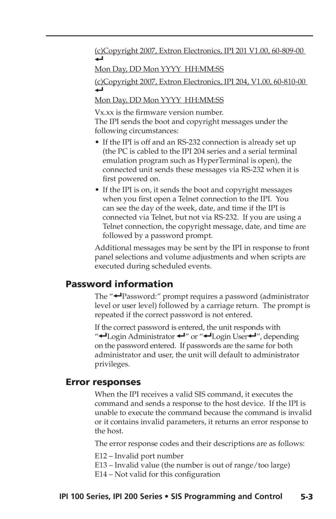 Extron electronic IPI 100 Series, IPI 200 Series manual Password information, Error responses 