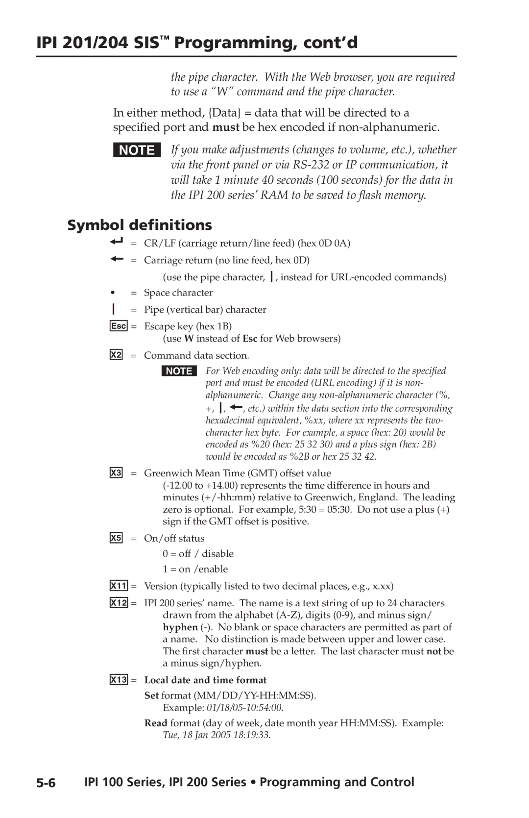 Extron electronic IPI 200 Series, IPI 100 Series manual Symbol definitions, X1#= Local date and time format 