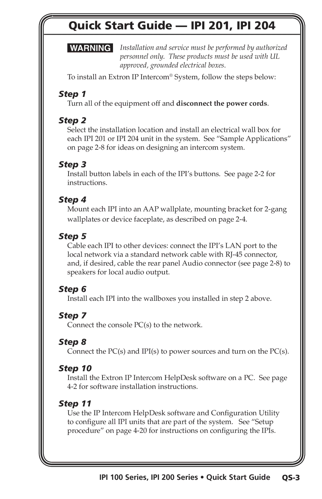 Extron electronic manual Quick Start Guide IPI 201, IPI, IPI 100 Series, IPI 200 Series Quick Start Guide QS-3 