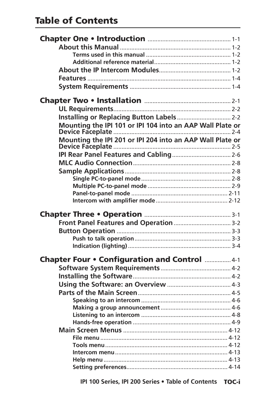 Extron electronic IPI 100 Series, IPI 200 Series manual Table of Contents 