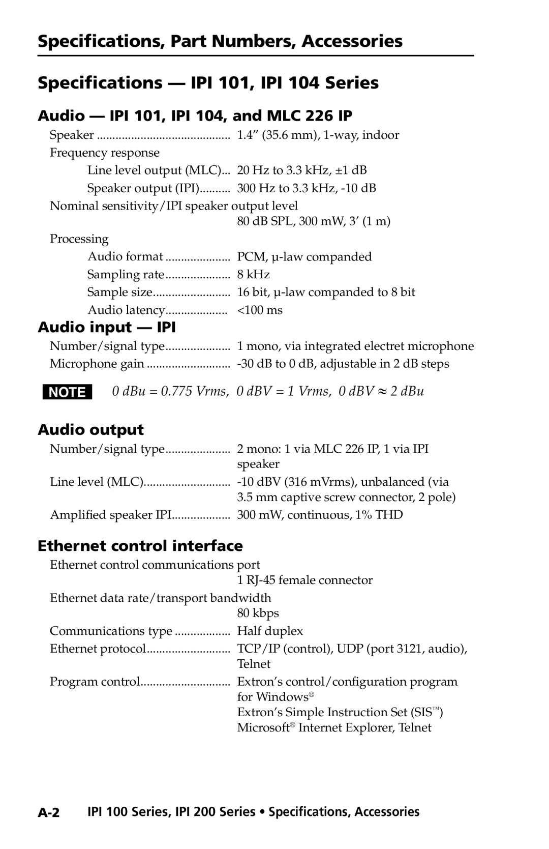 Extron electronic IPI 200 Series, IPI 100 Series Audio IPI 101, IPI 104, and MLC 226 IP, Audio input IPI, Audio output 