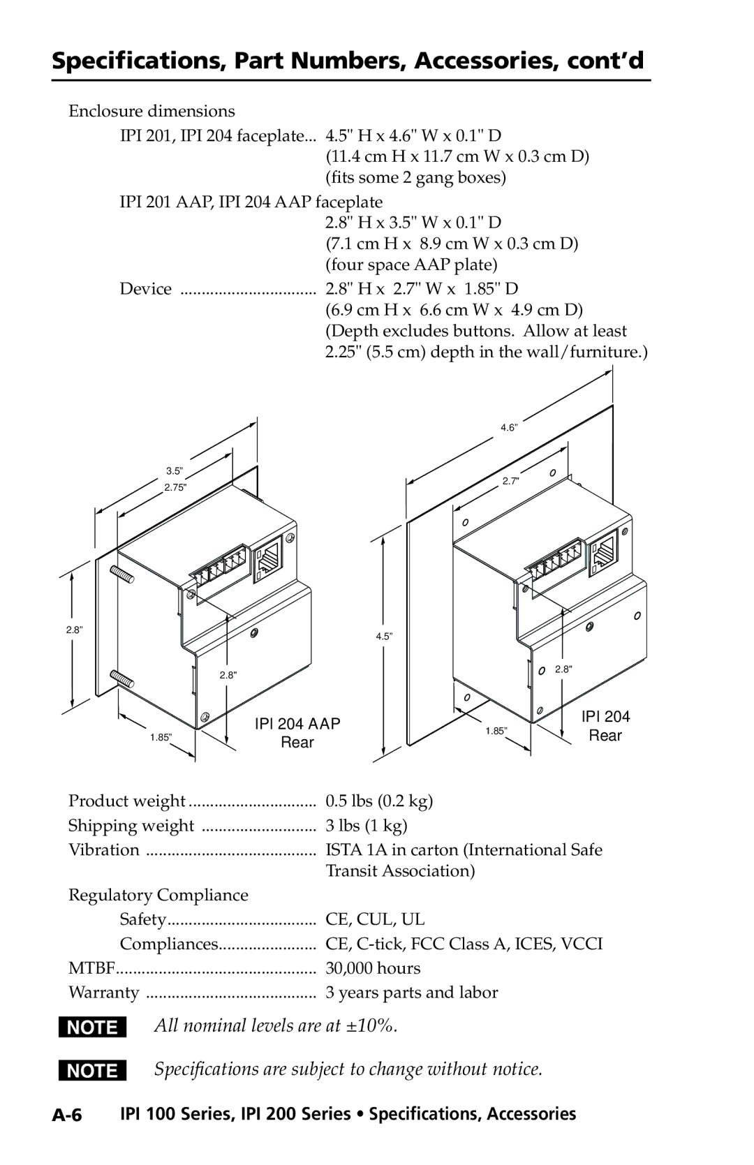 Extron electronic IPI 200 Series, IPI 100 Series manual Specifications, Part Numbers, Accessories, cont’d 