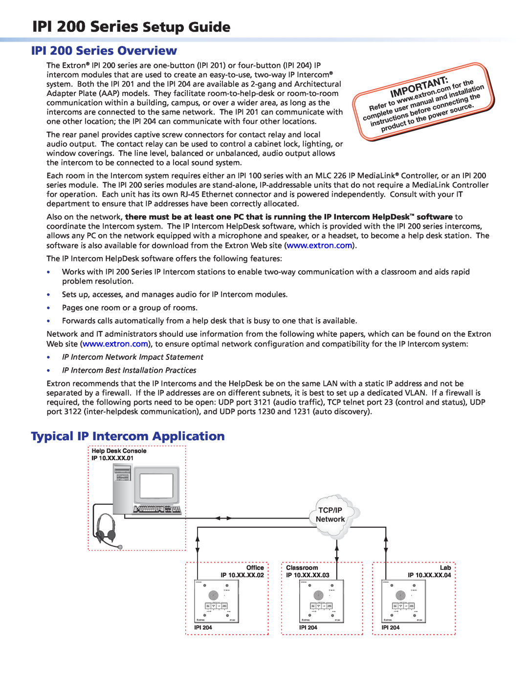 Extron electronic IPI204 setup guide IPI 200 Series Setup Guide, IPI 200 Series Overview, Typical IP Intercom Application 