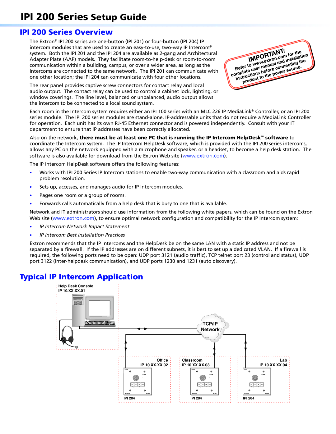 Extron electronic IPI204, IPI 201 setup guide IPI 200 Series Overview, Typical IP Intercom Application 