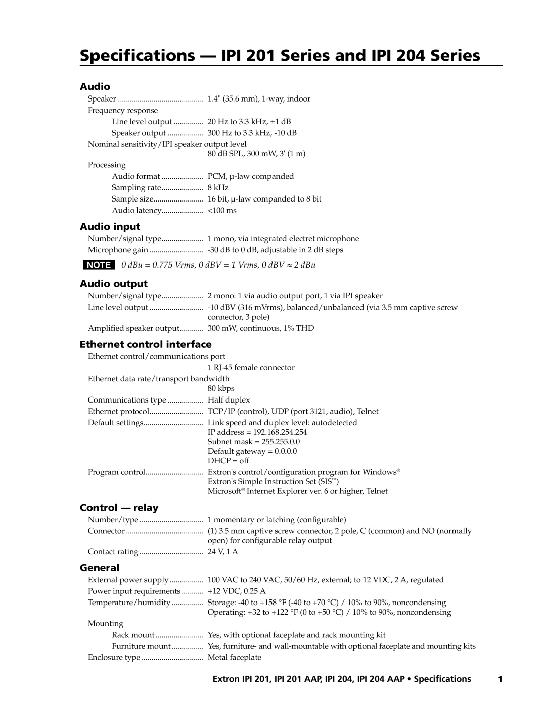 Extron electronic IPI 201 AAP, IPI 204 AAP specifications Specifications IPI 201 Series and IPI 204 Series 