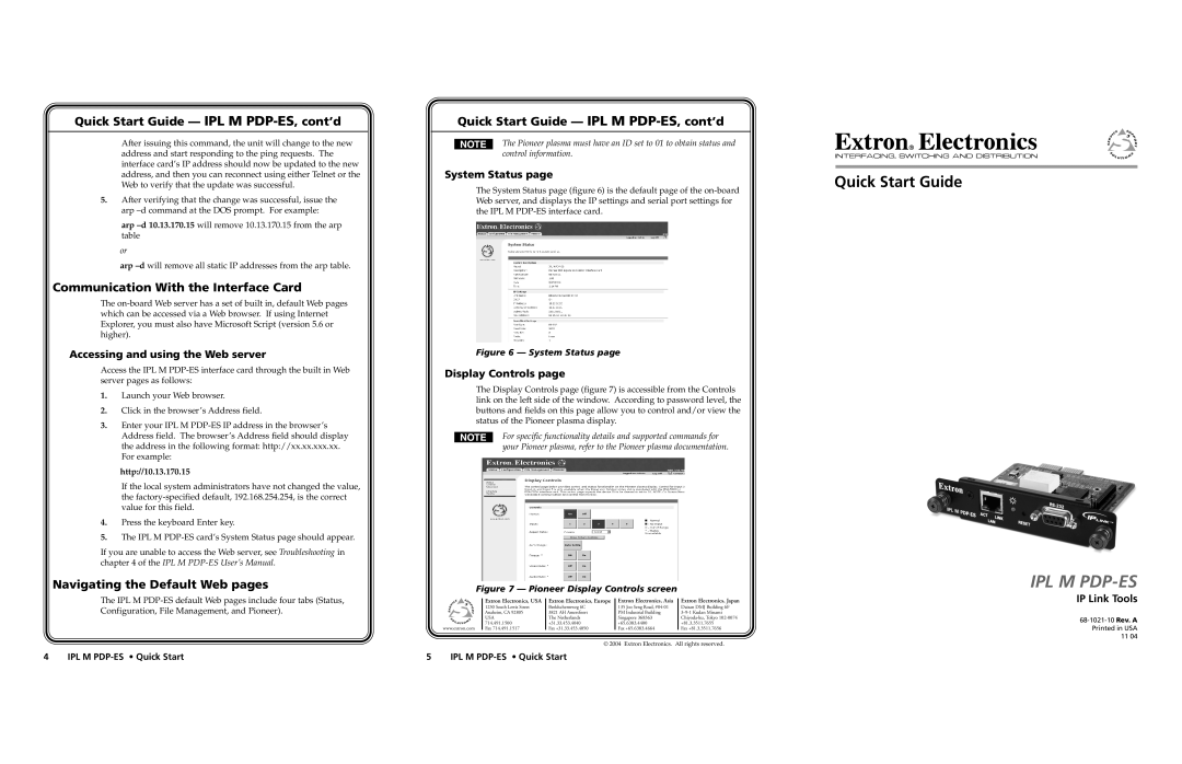 Extron electronic quick start Quick Start Guide - IPL M PDP-ES, cont’d, Communication With the Interface Card 