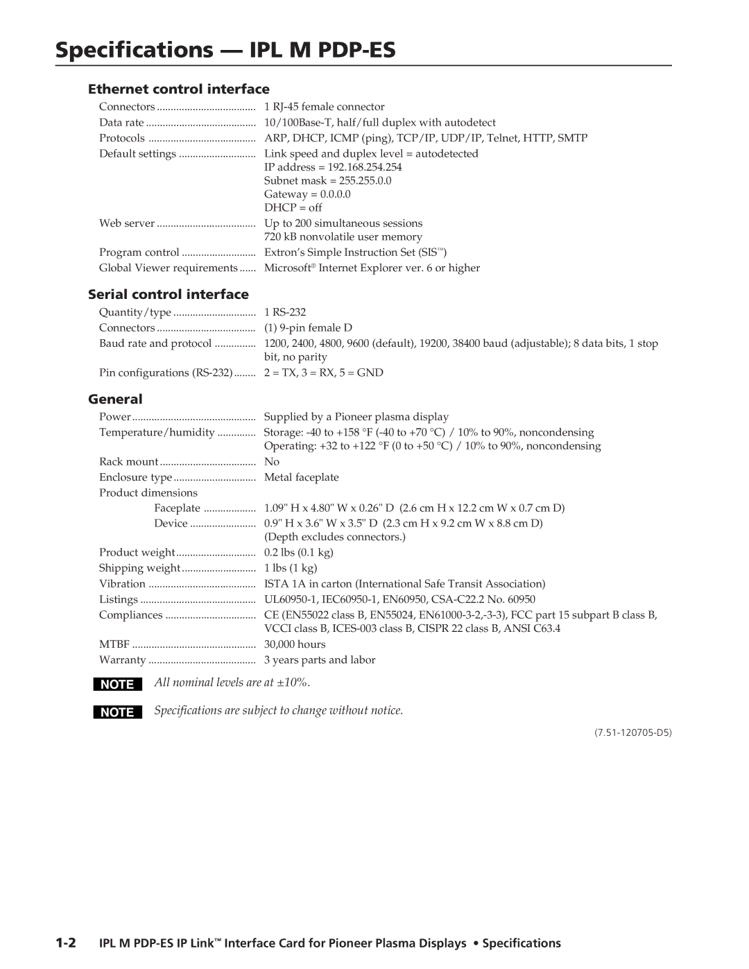 Extron electronic specifications Specifications IPL M PDP-ES, Ethernet control interface, Serial control interface 