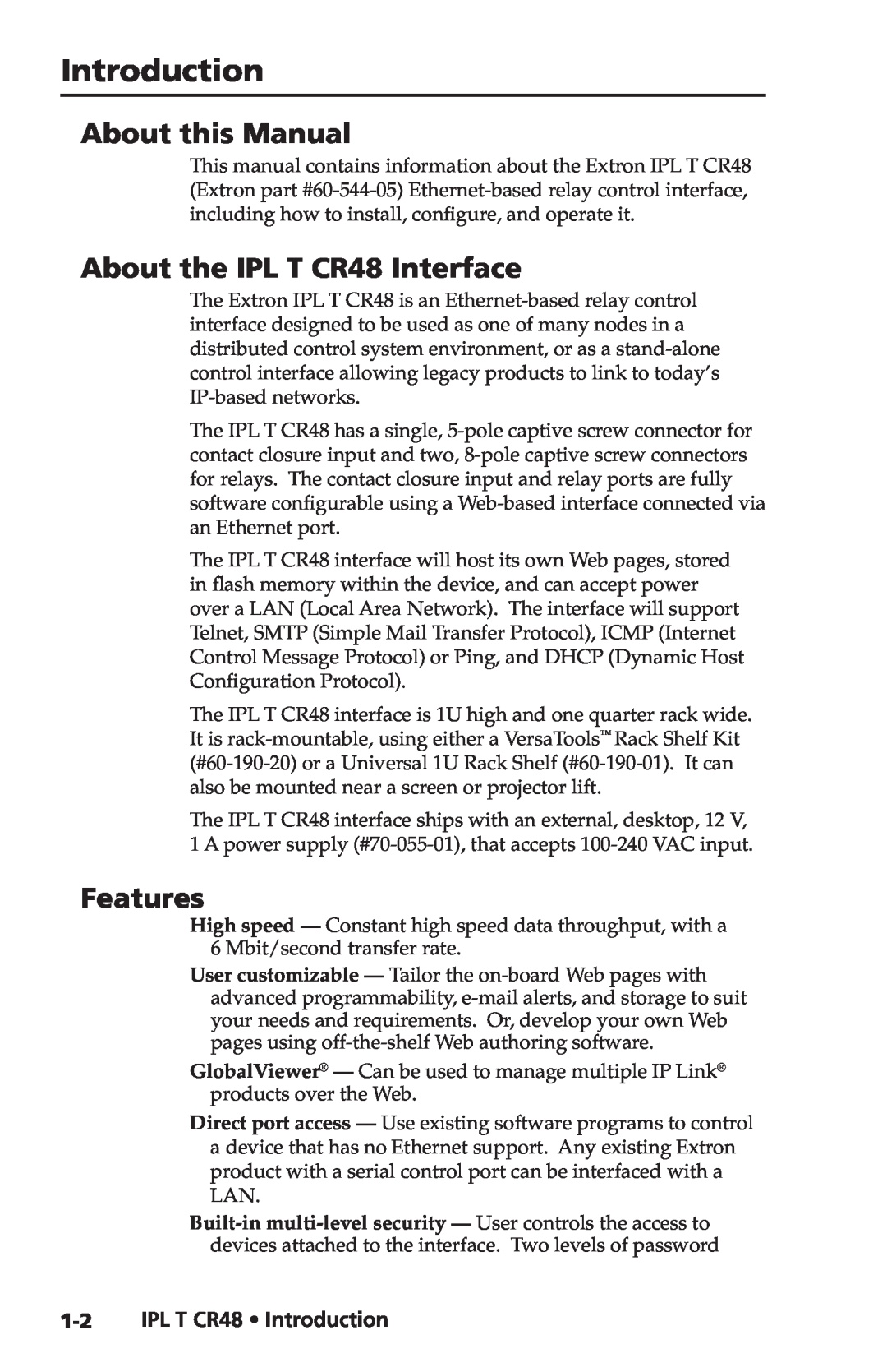 Extron electronic manual About this Manual, About the IPL T CR48 Interface, Features, IPL T CR48 Introduction 
