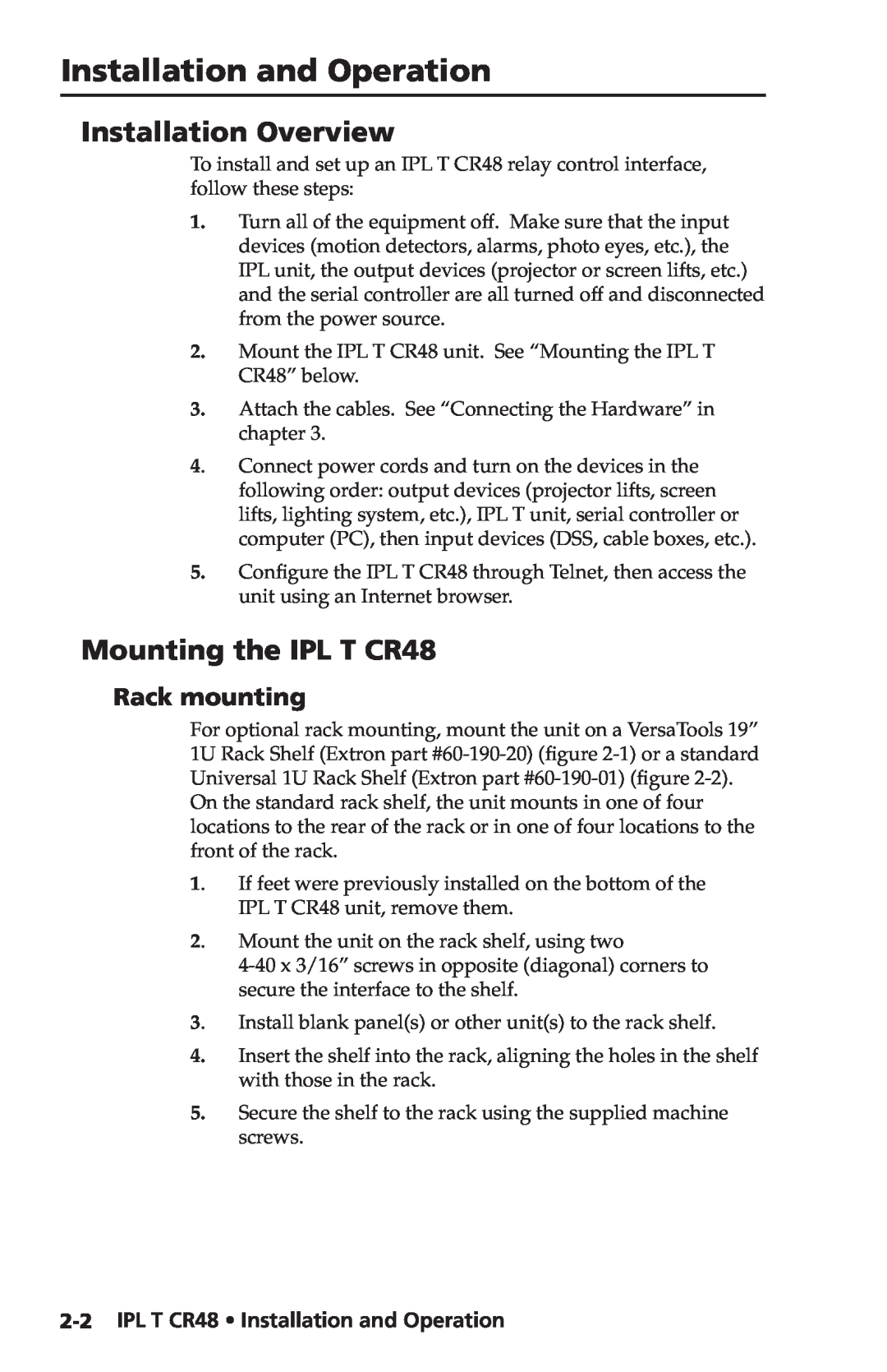 Extron electronic manual Installation and Operation, Installation Overview, Mounting the IPL T CR48, Rack mounting 