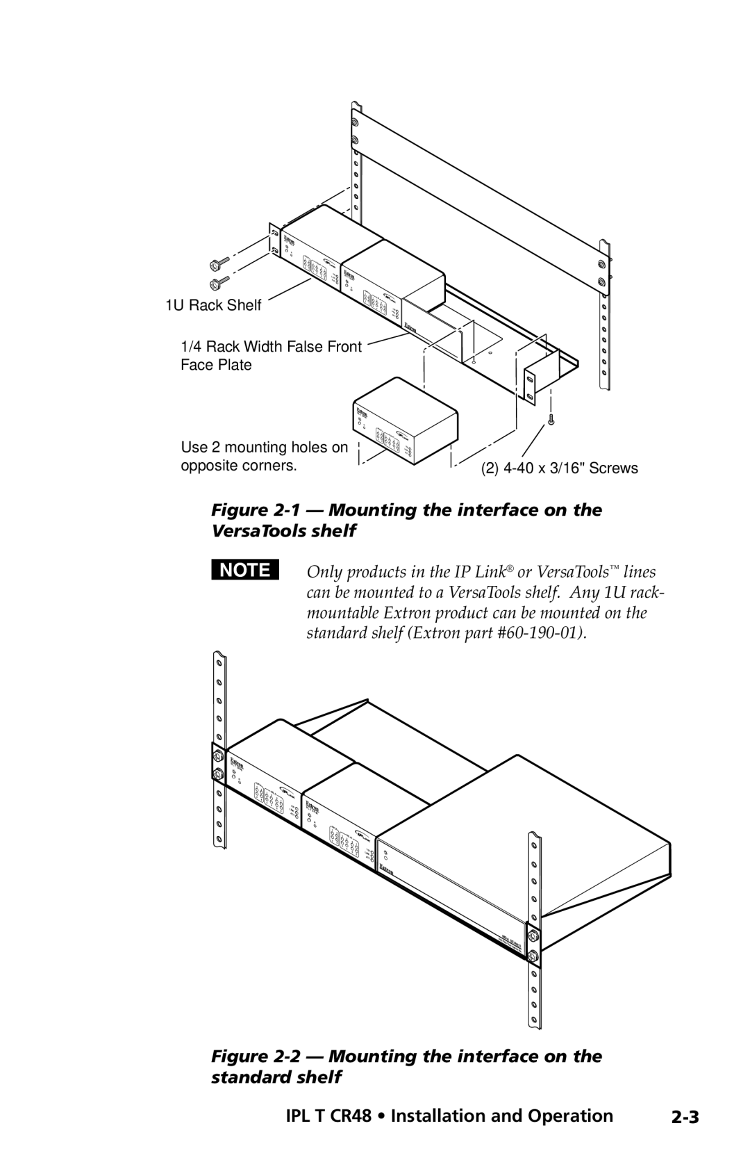 Extron electronic manual IPL T CR48 Installation and Operation, 1U Rack Shelf, 1/4 Rack Width False Front, Face Plate 