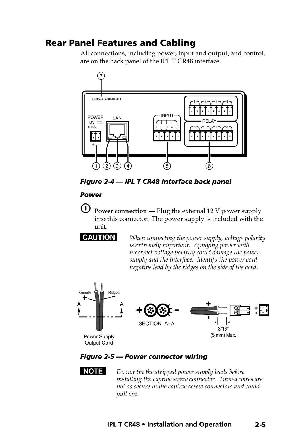 Extron electronic Rear Panel Features and Cabling, IPL T CR48 Installation and Operation, 5 - Power connector wiring 