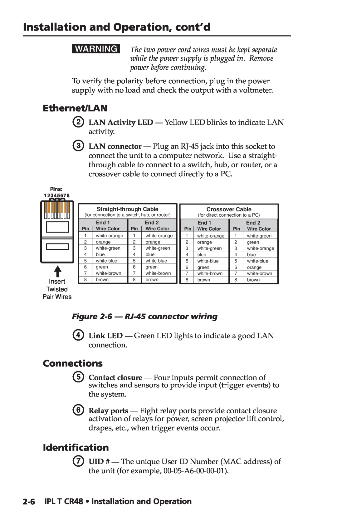 Extron electronic IPL T CR48 manual Ethernet/LAN, Connections, Identification, Installation and Operation, cont’d 