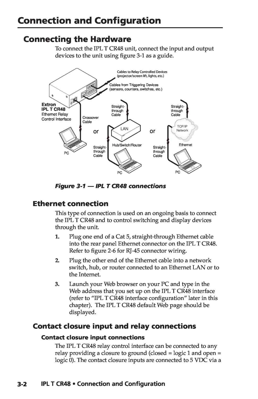 Extron electronic IPL T CR48 manual Connection and Configuration, Connecting the Hardware, Ethernet connection, Extron 
