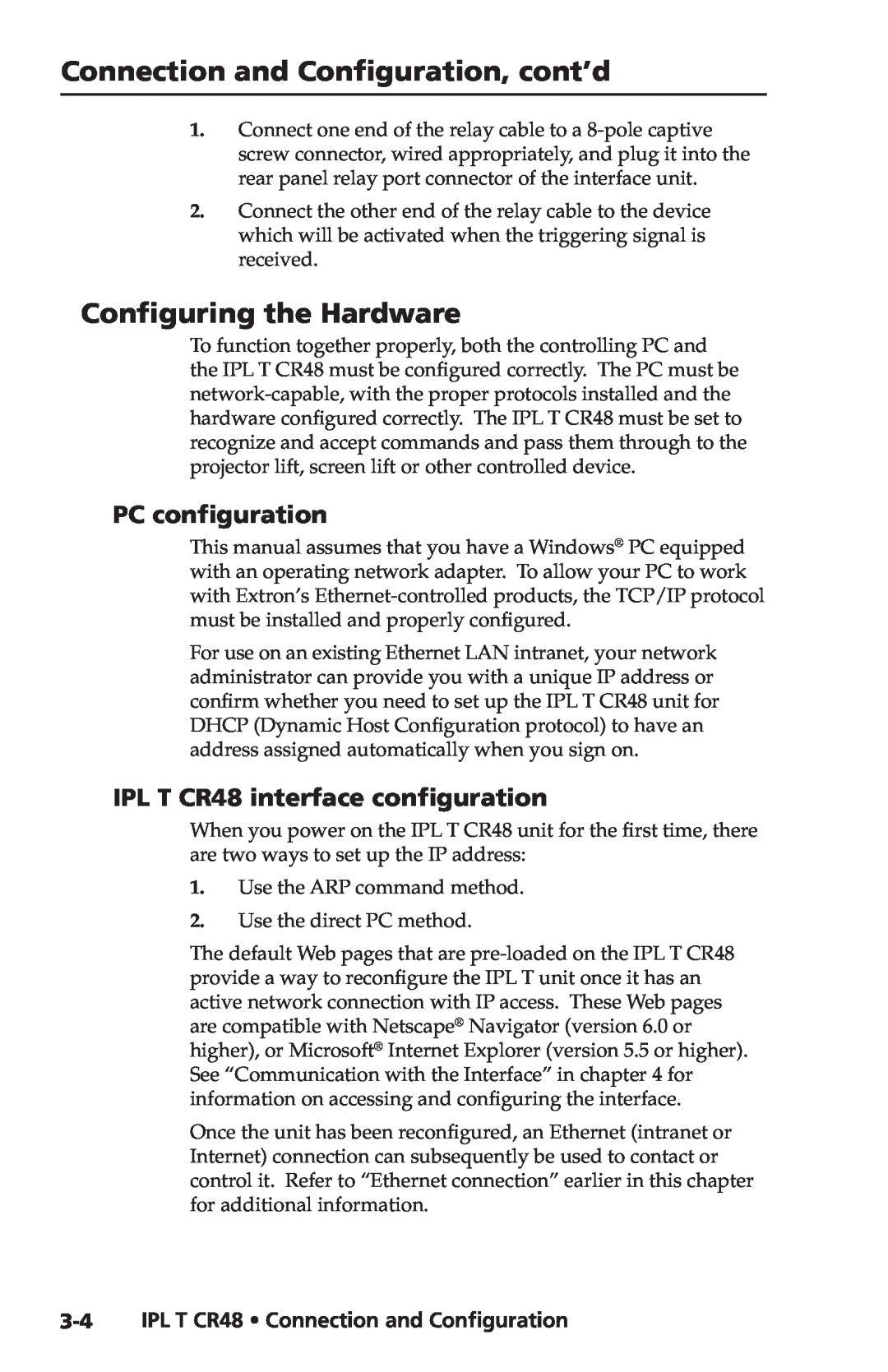 Extron electronic IPL T CR48 manual Connection and Configuration, cont’d, Configuring the Hardware, PC configuration 