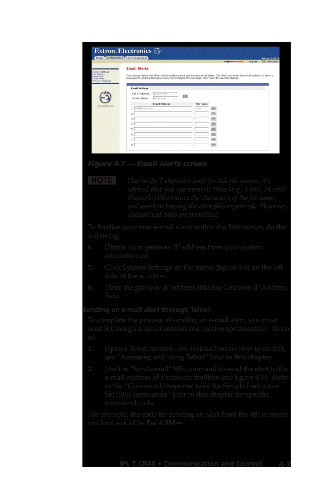 Extron electronic IPL T CR48 manual 7 - Email alerts screen, Sending an e-mail alert through Telnet 