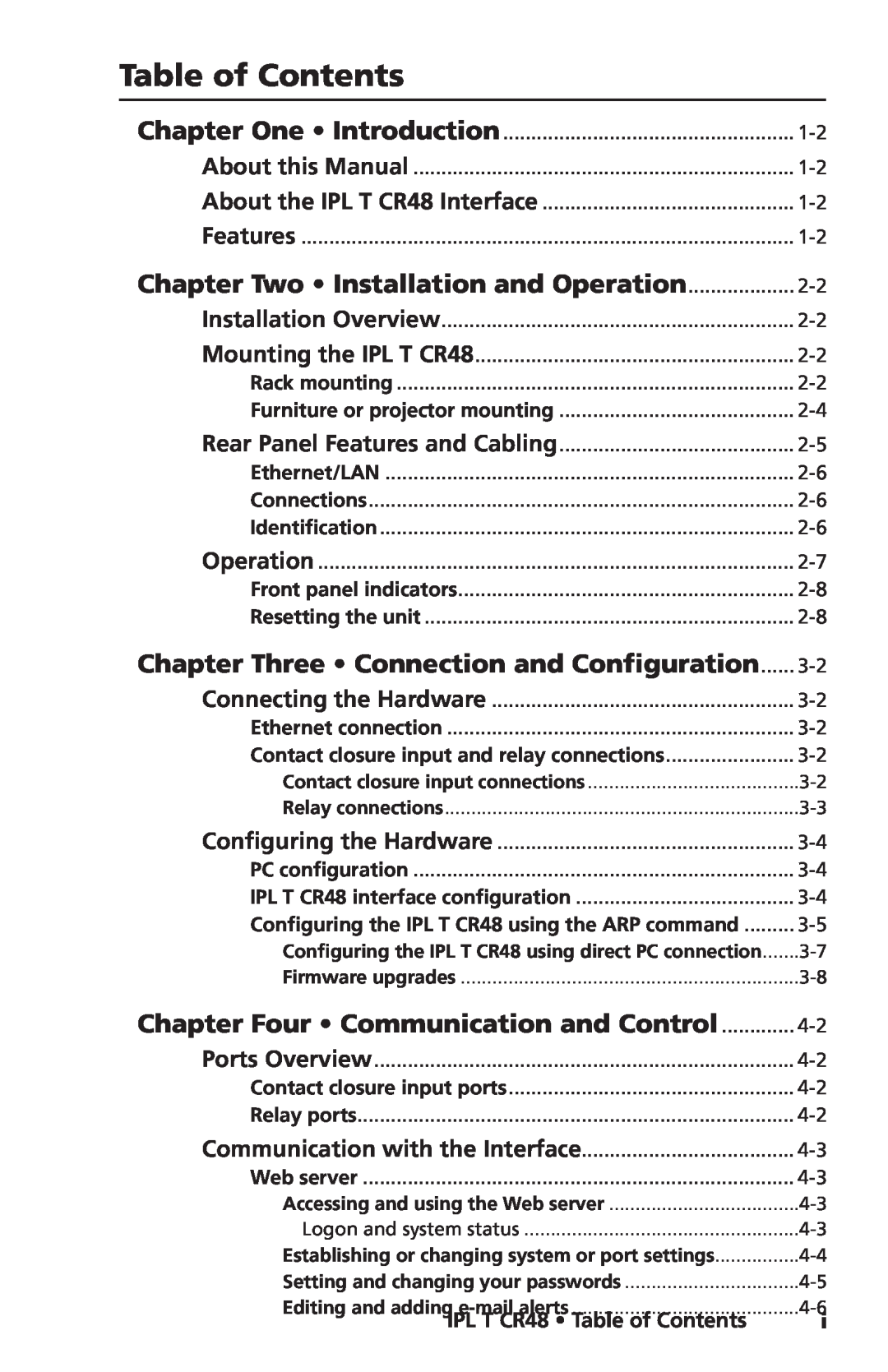 Extron electronic manual Chapter Two Installation and Operation, IPL T CR48 Table of Contents 