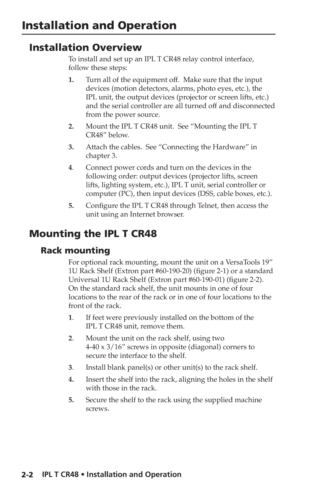 Extron electronic manual Installation and Operation, Installation Overview, Mounting the IPL T CR48, Rack mounting 