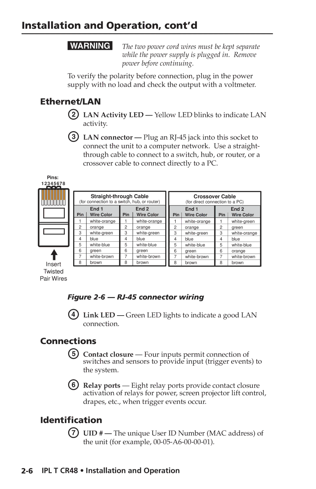 Extron electronic IPL T CR48 manual Ethernet/LAN, Connections, Identification 