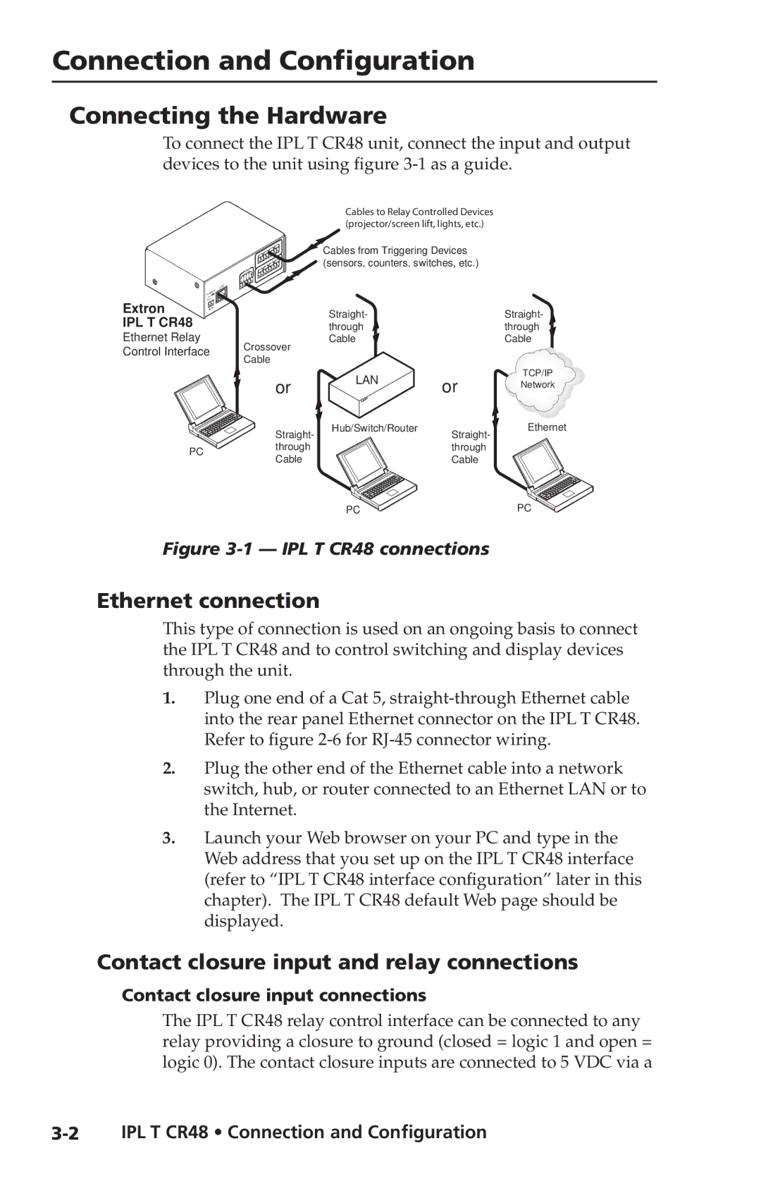 Extron electronic IPL T CR48 manual Connection and Configuration, Connecting the Hardware, Ethernet connection 