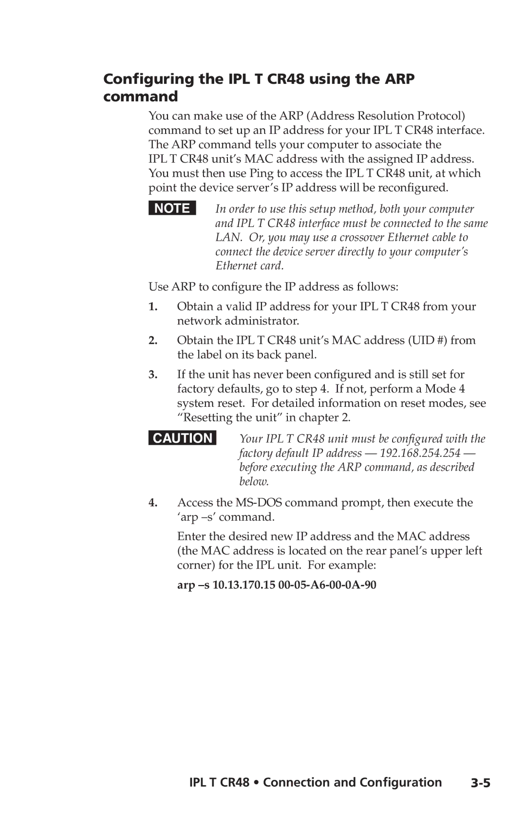 Extron electronic manual Configuring the IPL T CR48 using the ARP command 