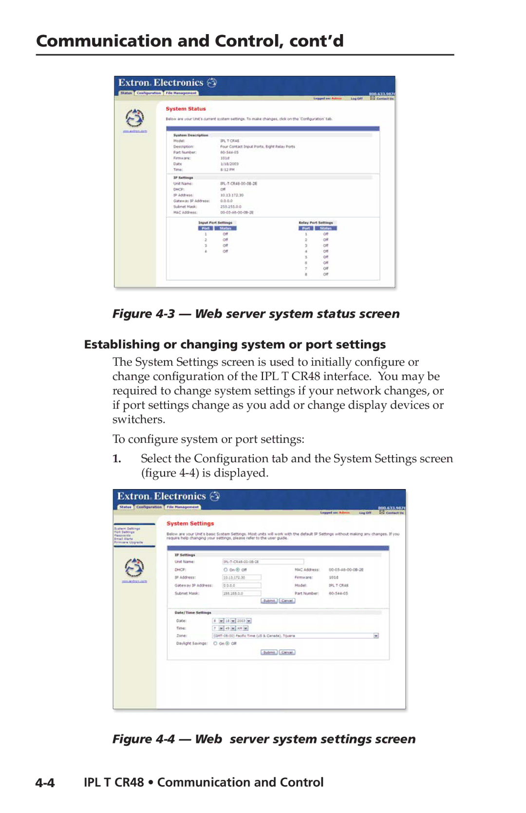 Extron electronic IPL T CR48 manual Communication and Control, cont’d, Establishing or changing system or port settings 