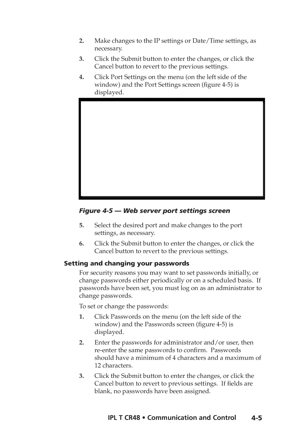 Extron electronic IPL T CR48 manual Web server port settings screen, Setting and changing your passwords 