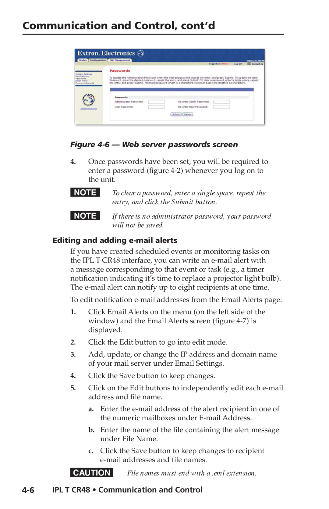 Extron electronic IPL T CR48 manual Web server passwords screen, Editing and adding e-mail alerts 