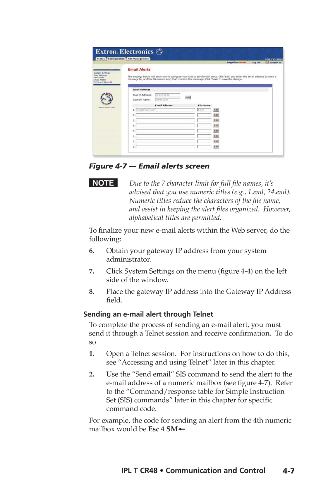 Extron electronic IPL T CR48 manual Email alerts screen, Sending an e-mail alert through Telnet 