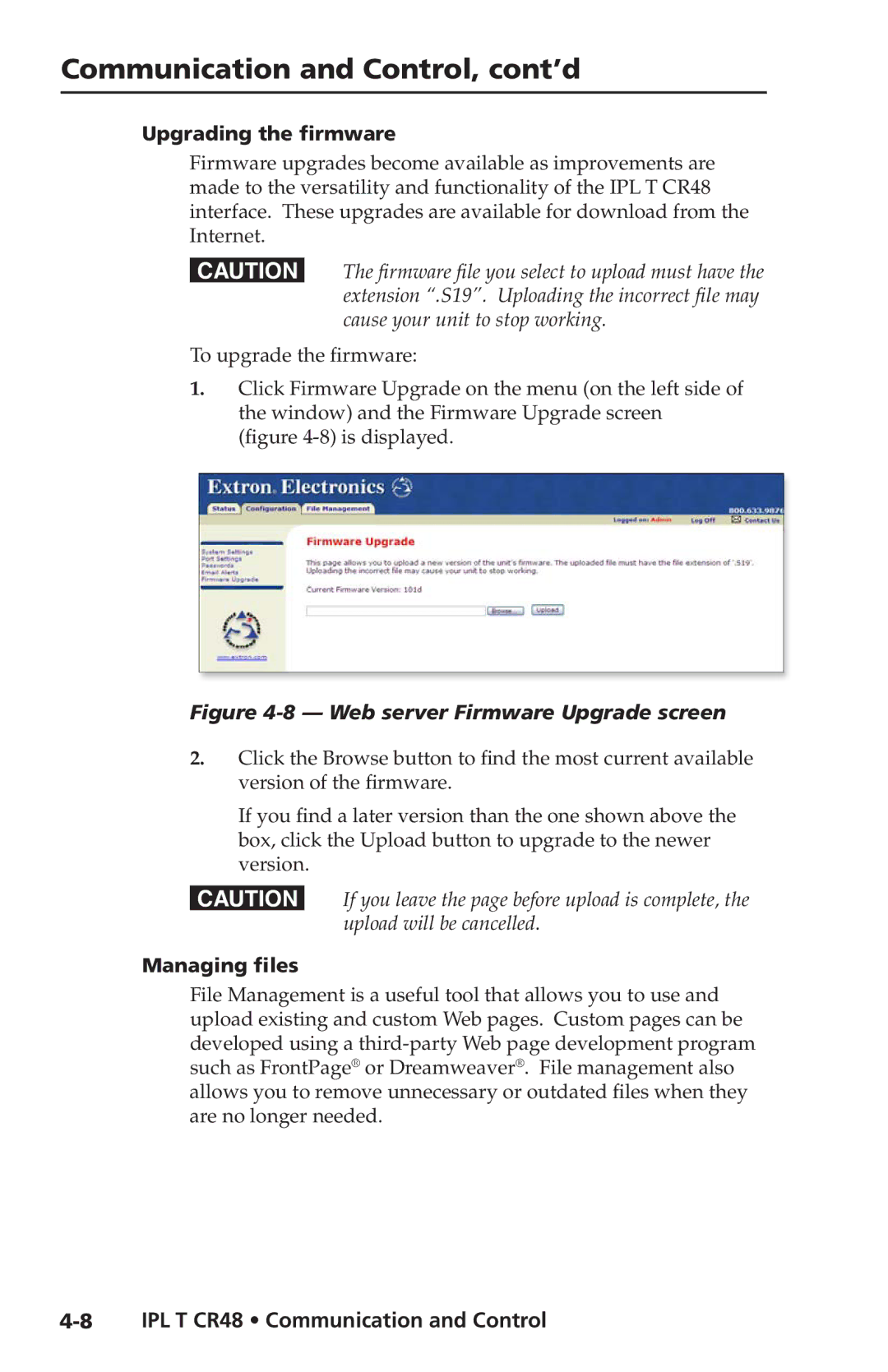 Extron electronic IPL T CR48 manual Upgrading the firmware, Managing files 