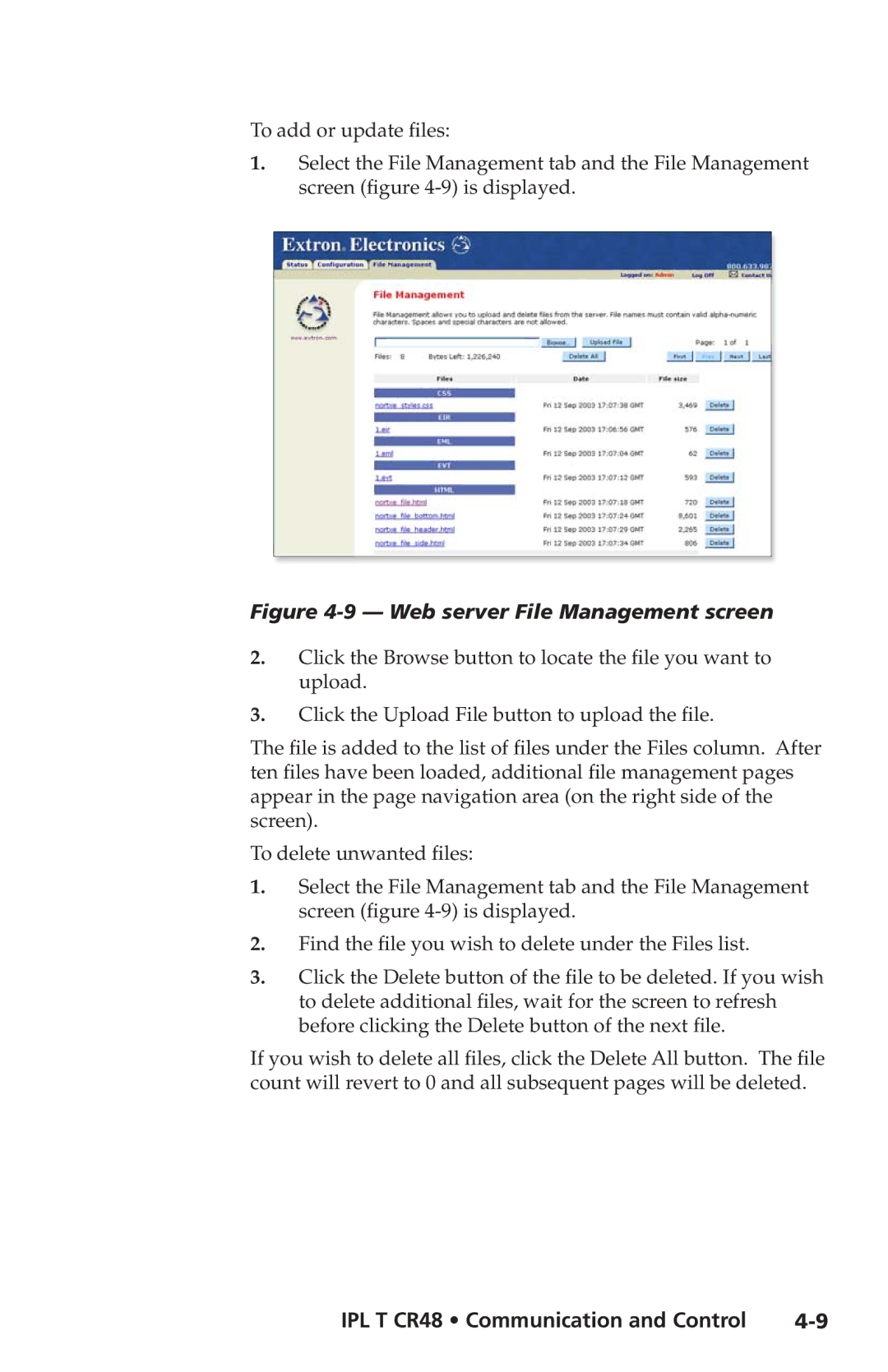 Extron electronic IPL T CR48 manual Web server File Management screen 