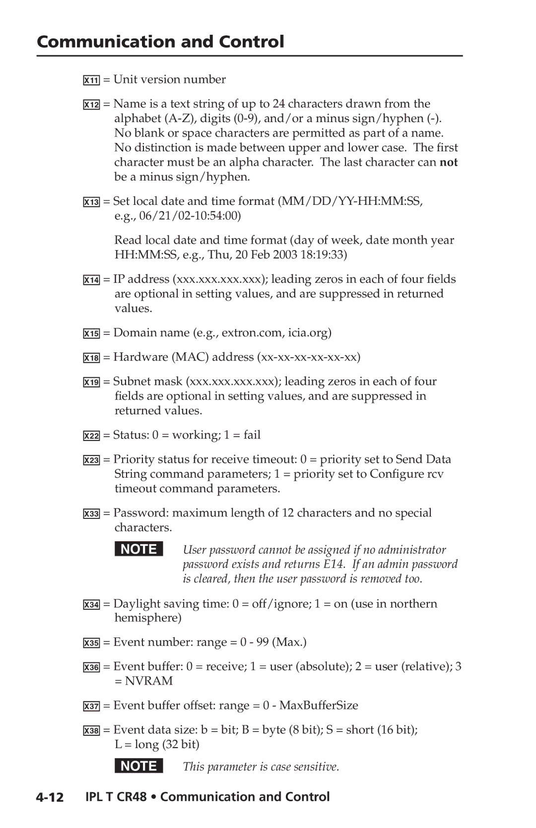 Extron electronic IPL T CR48 manual Communication and Control, = Nvram 