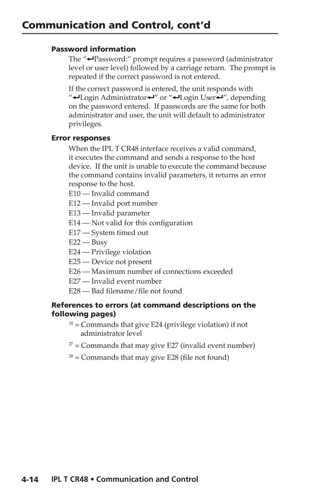 Extron electronic IPL T CR48 manual Password information, Error responses 