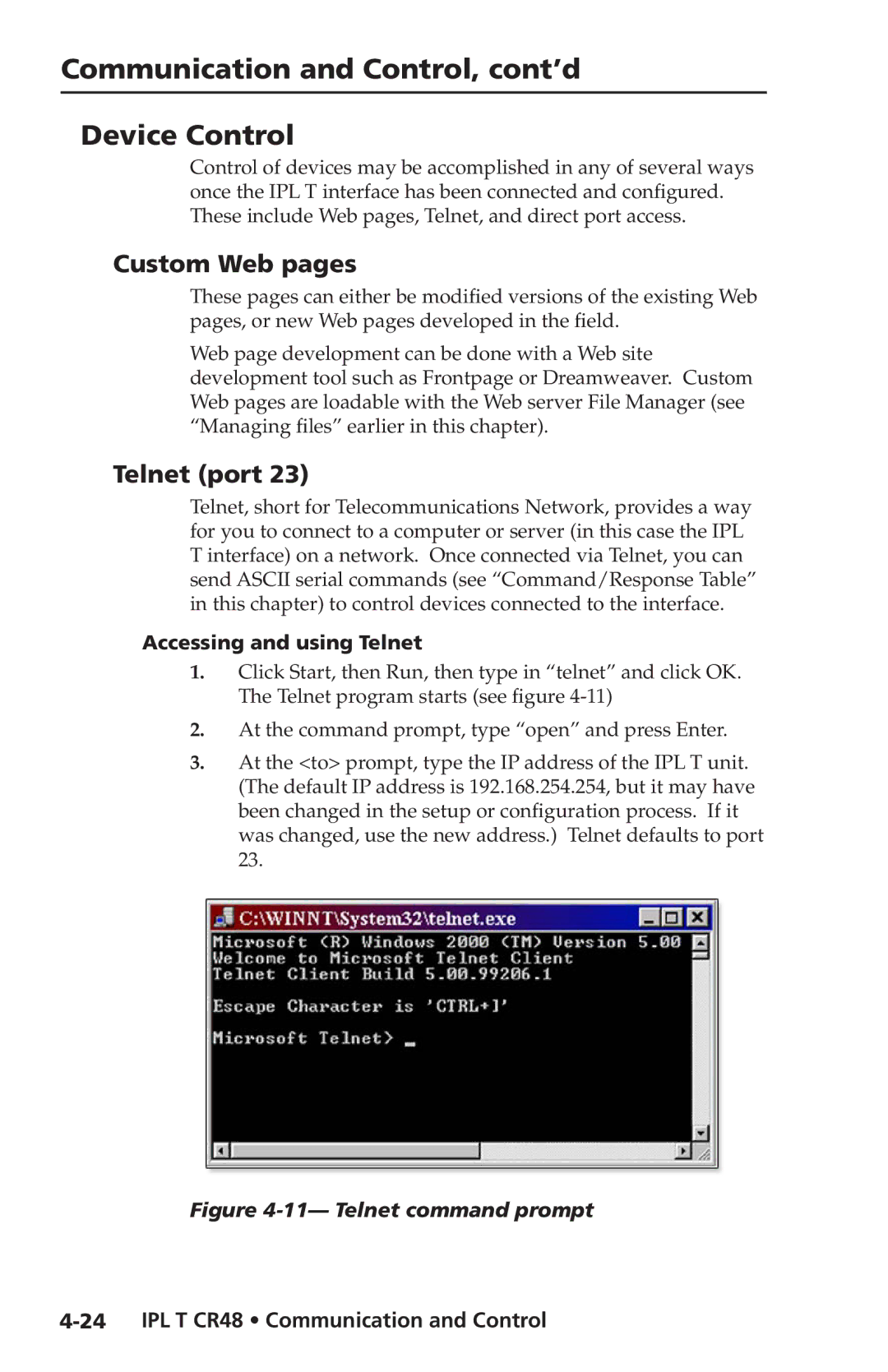 Extron electronic IPL T CR48 manual Communication and Control, cont’d Device Control, Custom Web pages, Telnet port 