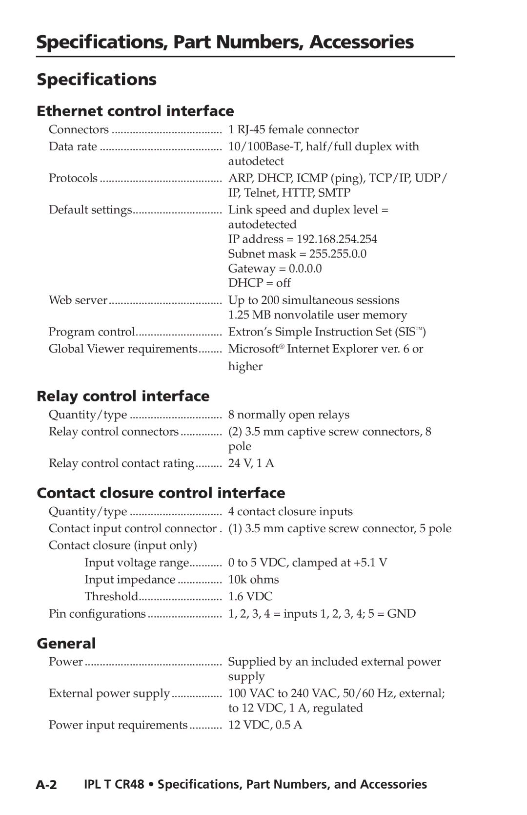 Extron electronic IPL T CR48 manual Specifications, Part Numbers, Accessories 