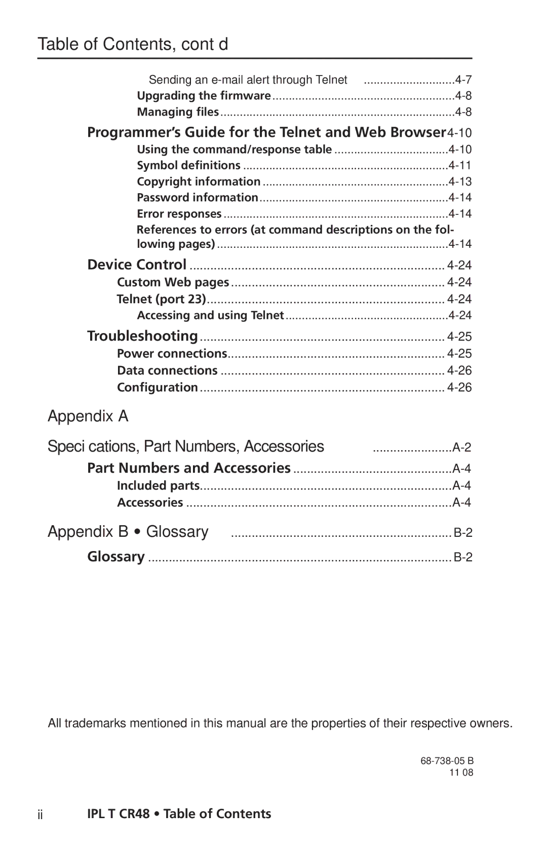 Extron electronic IPL T CR48 manual Table of Contents, cont’d 