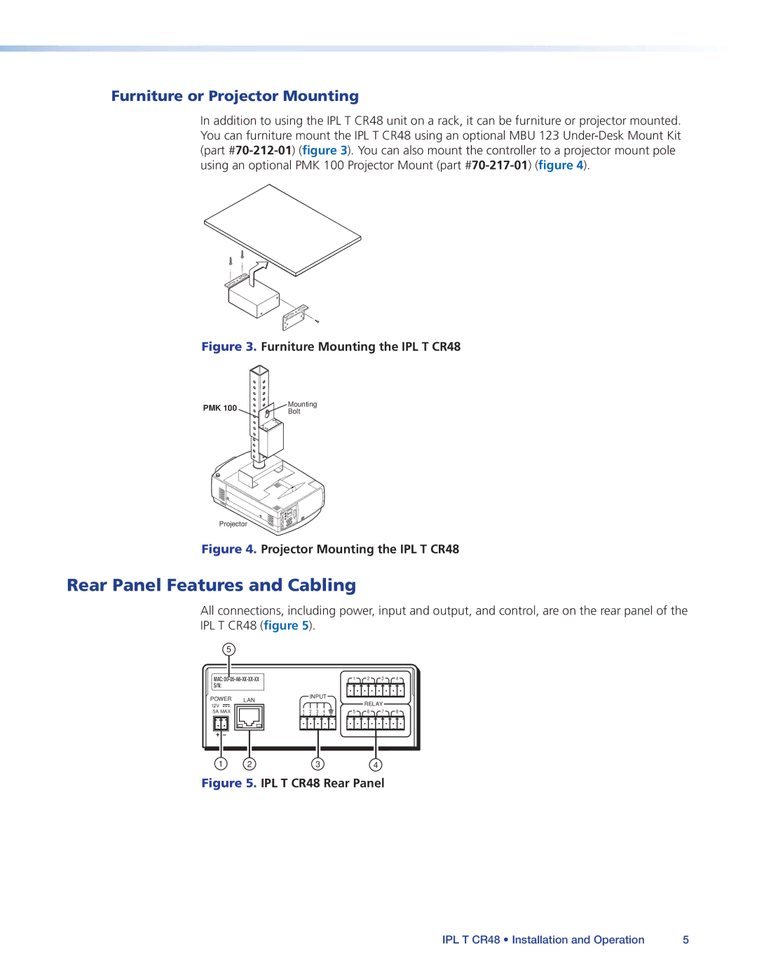 Extron electronic IPL T CR48 manual Rear Panel Features and Cabling, Furniture or Projector Mounting 