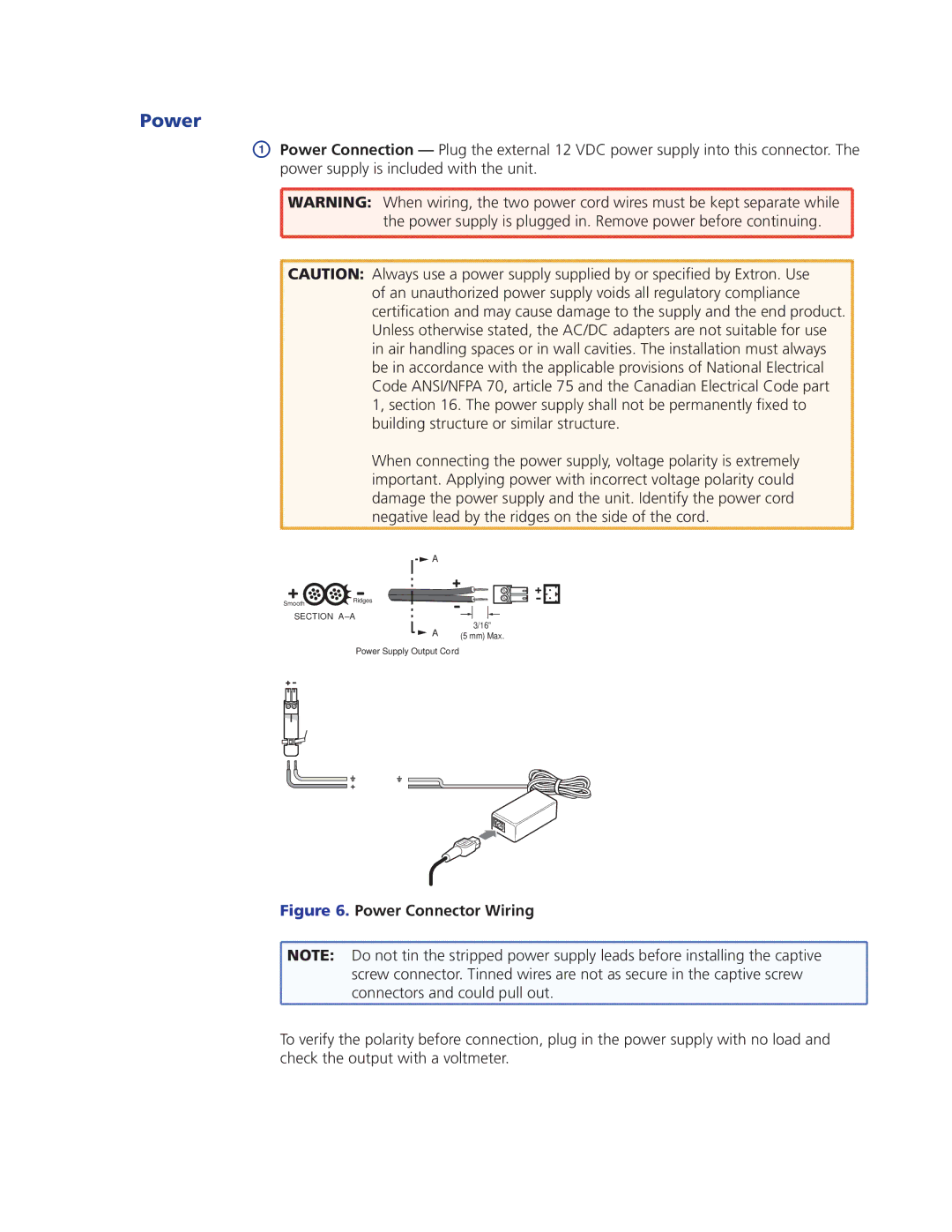 Extron electronic IPL T CR48 manual Power Connector Wiring 